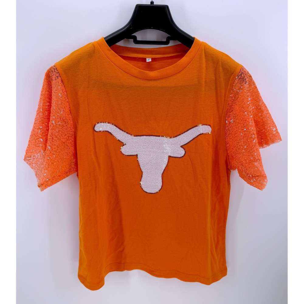 Texas Longhorns Orange Sequin Steer Logo Lace Sleeve T-Shirt Women's Medium